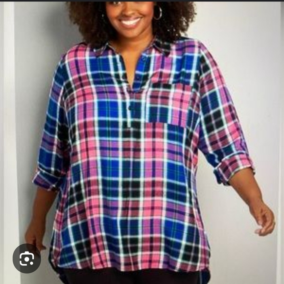 🍁🍂Lane Bryant pink and blue plaid high low tunic 22 - Picture 6 of 6